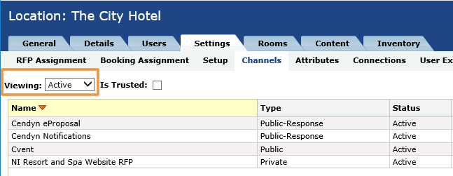 The Location Channels page with the Viewing field circled and set to Active