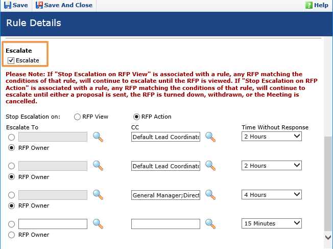 Assignment Rule Details page with the "Escalate" section circled