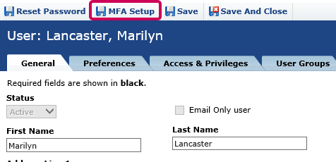 User Profile screen with the "MFA Setup" button circled