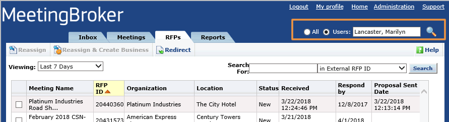 The RFPs tab with the option to view a specific owner or all owners circled