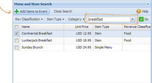 Menu and Item Search
